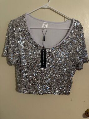 Silver Sequin Short Sleeve Crop Top